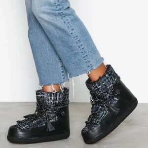 Inuikii Black White Tartan Tweed Sherpa lined chain detail Winter Boots EU 38/7